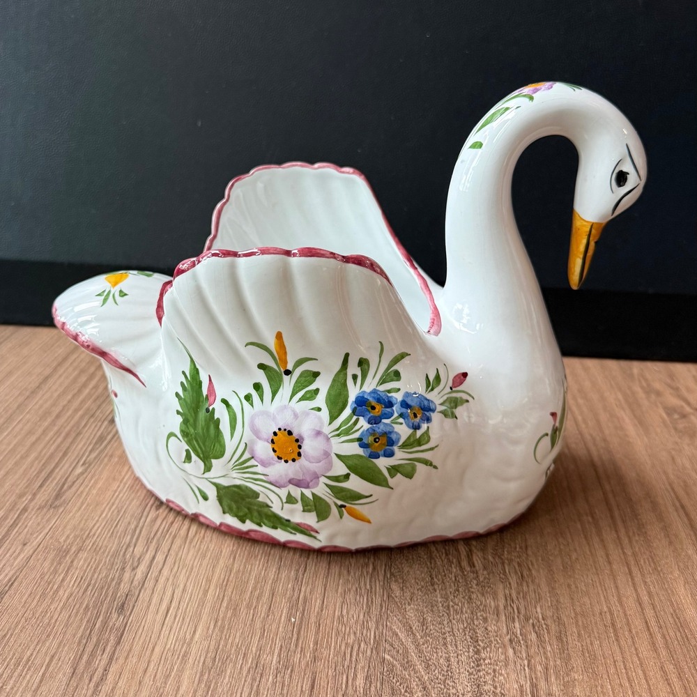 Vintage Hand Painted Portugal Ceramic Swan Planter Floral Bowl Scalloped Edge